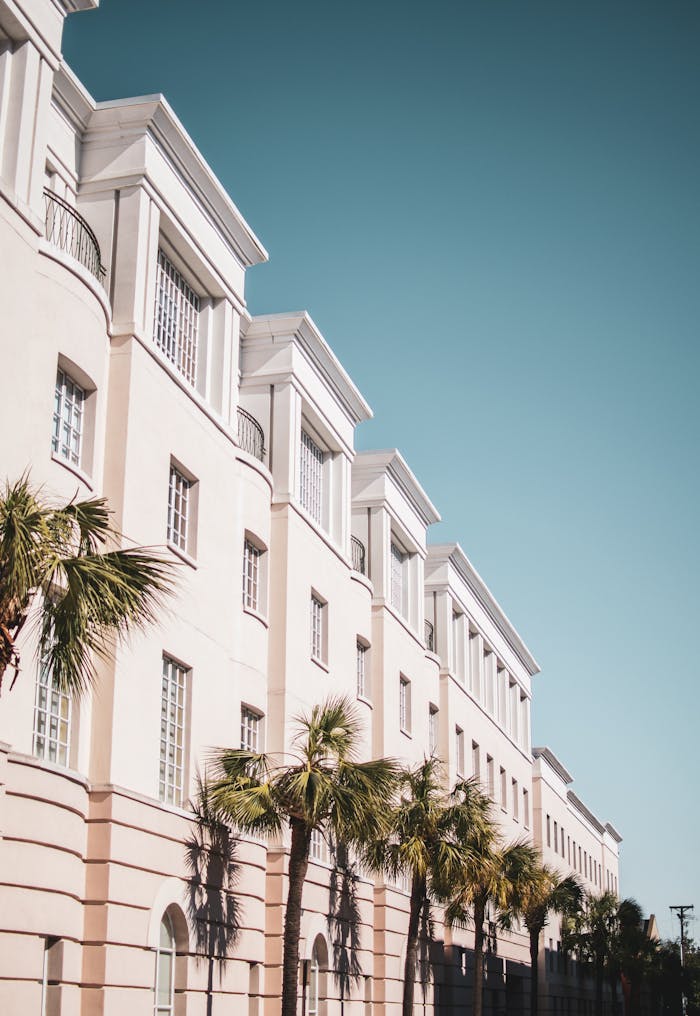 Bright modern building facade with palm trees against a clear blue sky.