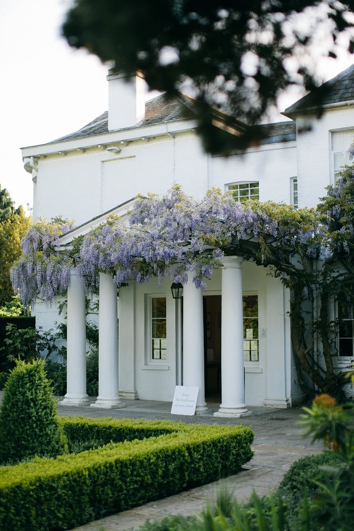 services-03 Beautiful English mansion entrance adorned with blooming wisteria and classic columns.